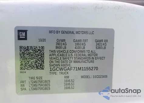 2021 Chevrolet Express Cargo Rwd 2500 Regular Wheelbase Wt z USA, uszkodzony, nr VIN 1GCWGAF71M1155270